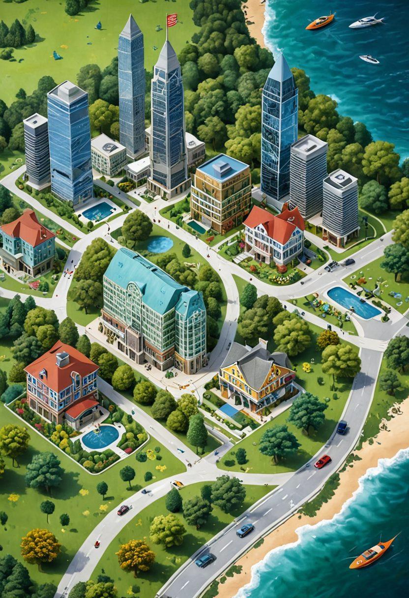 A detailed map with pathways leading to different types of loans, depicted as buildings; personal loans illustrated as a cozy home, business loans as a skyscraper, student loans as a school, and auto loans as a car dealership. Pathways between these buildings should be winding through lush green landscapes with a compass rose at the corner guiding towards financial freedom. Super-realistic. Vibrant colors.