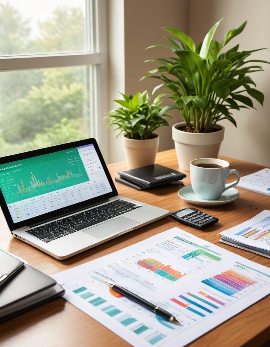 A detailed illustration of a financial planner's desk featuring credit score charts, loan application forms, a calculator, and a laptop showing various financial graphs. The scene includes a plant and a cup of coffee, suggesting a focused yet calm atmosphere. vibrant colors with a slight gradient. vector art.