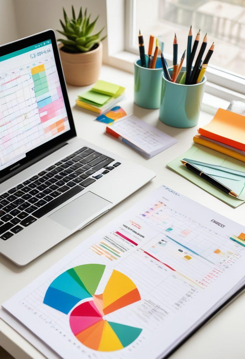 A modern financial planner's desk with colorful charts, graphs, and budget sheets. A jar labeled 'Savings', a notebook with 'Debt Management Plan', and a laptop displaying investment portfolio analytics. The background includes a calendar and sticky notes with goals. super-realistic. vibrant colors. white background.